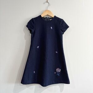 David Charles Girls Dress 6–7 Navy Wool Blend A-Line Embroidered Floral Preppy